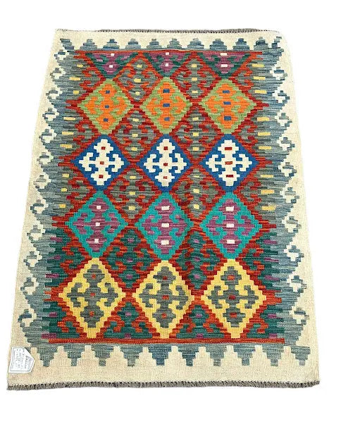 Hand-Knotted Vintage Wool Rug Multicolor Geometric Afghan Kilim 3'4 x 4'9 I Got Rugs