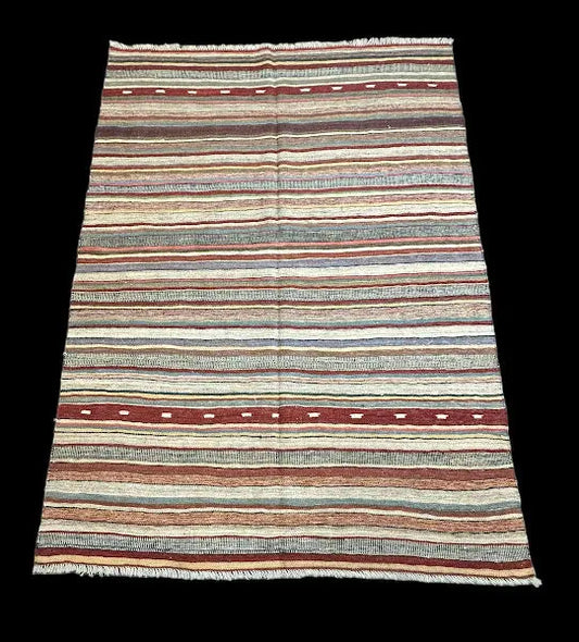 Hand-Knotted Vintage Wool Rug Multicolor Turkish Striped Kilim 4'8 x 6'8 I Got Rugs