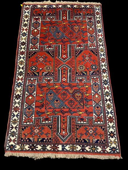 Hand-Knotted Vintage Wool Rug Persian Hamadan Red Geometric Design 3'11 x 6'9 I Got Rugs