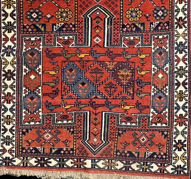 Hand-Knotted Vintage Wool Rug Persian Hamadan Red Geometric Design 3'11 x 6'9 I Got Rugs