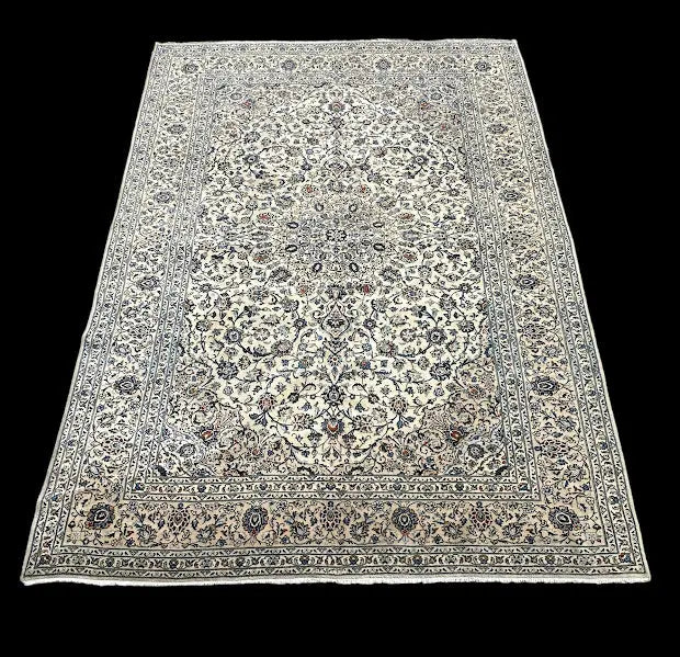 Hand-Knotted Vintage Wool Rug Persian Kashan Ivory Floral Pattern 9’8 x 13’2 I Got Rugs