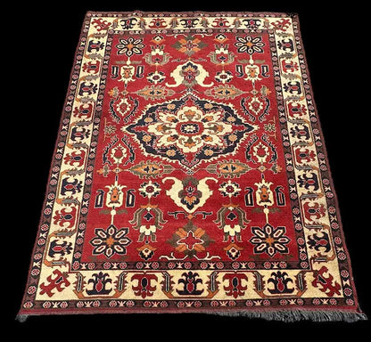 Hand-Knotted Vintage Wool Rug Red Pakistani Kazak Design 5'10 x 7'8 I Got Rugs