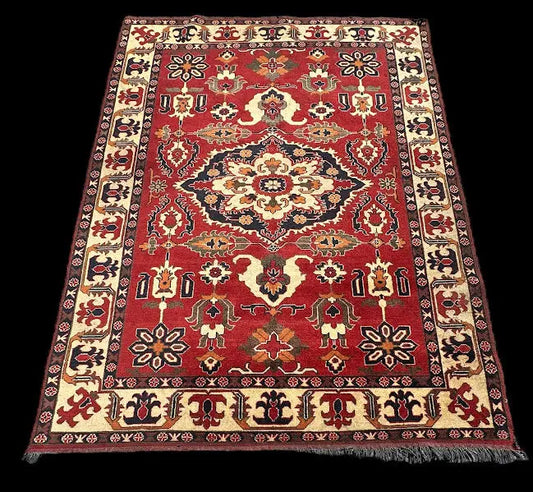 Hand-Knotted Vintage Wool Rug Red Pakistani Kazak Design 5'10 x 7'8 I Got Rugs