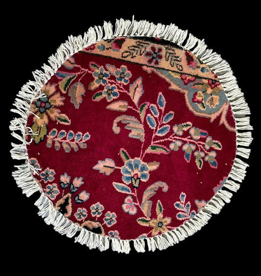 Hand-Knotted Vintage Wool Rug Red Persian Floral Design Round Table Mat 2' x 2' I Got Rugs