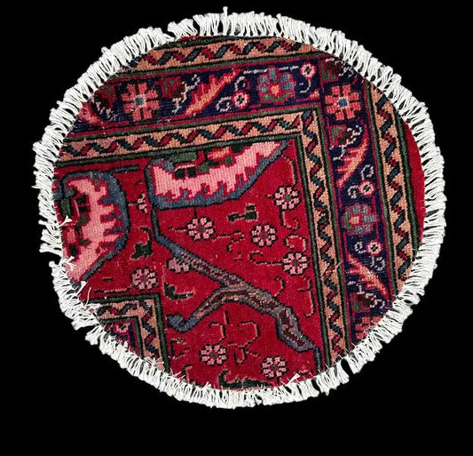 Hand-Knotted Vintage Wool Rug Red Persian Floral Design Round Table Mat 2' x 2' I Got Rugs