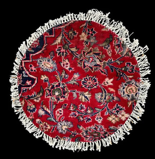 Hand-Knotted Vintage Wool Rug Red Persian Floral Design Round Table Mat 2' x 2' I Got Rugs