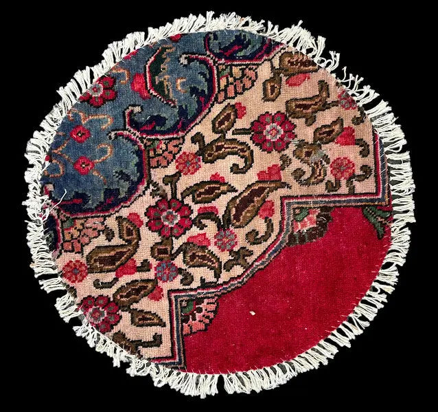 Hand-Knotted Vintage Wool Rug Red Persian Floral Design Round Table Mat 2' x 2' I Got Rugs