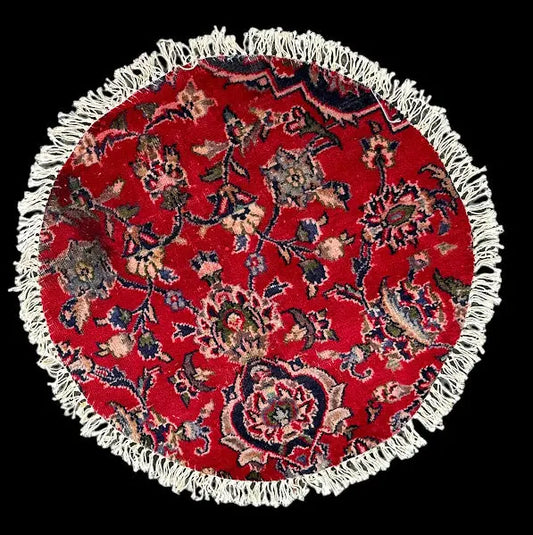 Hand-Knotted Vintage Wool Rug Red Persian Floral Design Round Table Mat 2' x 2' I Got Rugs