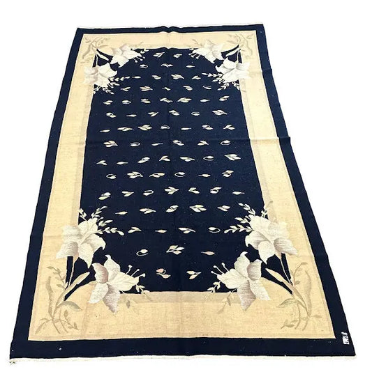 Hand-Knotted Vintage Wool Rug Turkish Anatolian Floral Design Blue 5'5 x 8'7 I Got Rugs