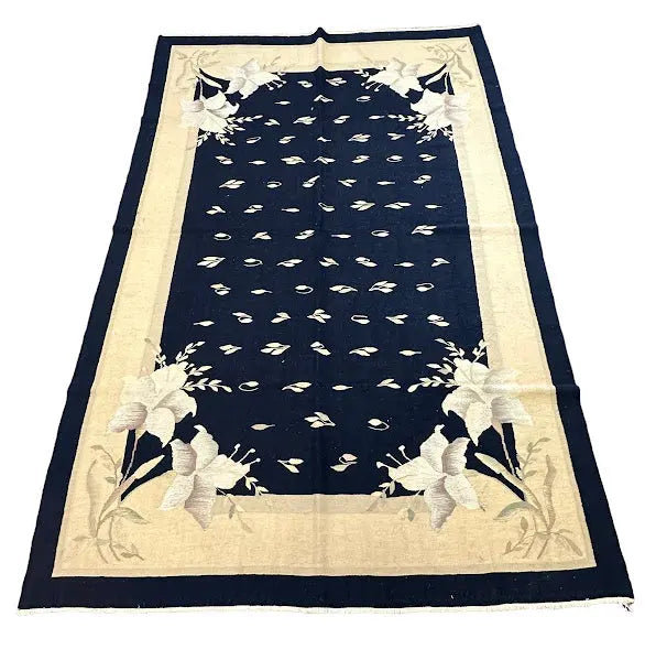 Hand-Knotted Vintage Wool Rug Turkish Anatolian Floral Design Blue 5'5 x 8'7 I Got Rugs