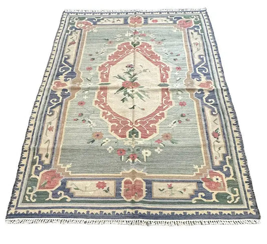 Hand-Knotted Vintage Wool Rug Turkish Anatolian Floral Design Blue 5'7 x 7'9 I Got Rugs