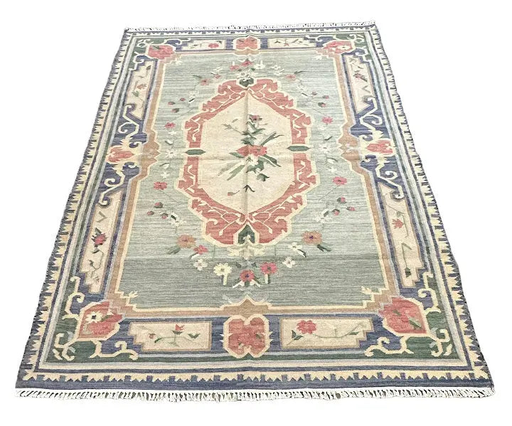 Hand-Knotted Vintage Wool Rug Turkish Anatolian Floral Design Blue 5'7 x 7'9 I Got Rugs