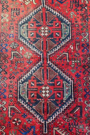 Hand-Knotted Vintage Wool Rug Turkish Anatolian Geometric Design Red 4'1 x 5' - I Got Rugs Hand-Knotted Vintage Wool Rug Turkish Anatolian Geometric Design Red 4'1 x 5' I Got Rugs Handmade Vintage I Got Rugs  490.00