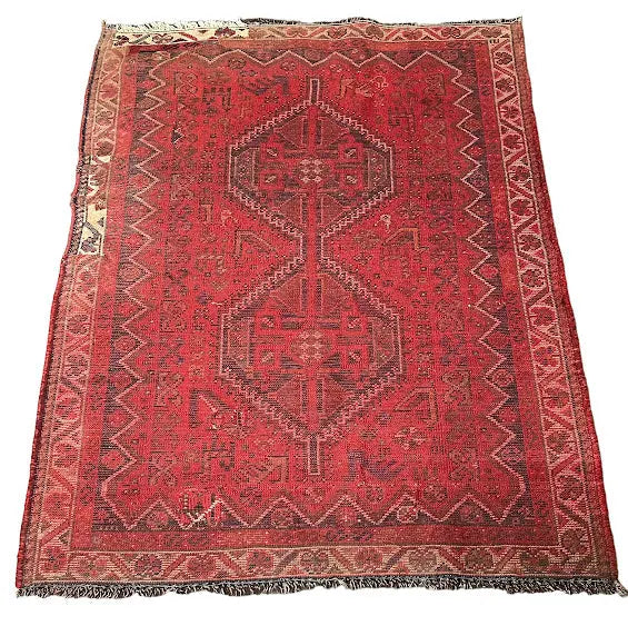Hand-Knotted Vintage Wool Rug Turkish Anatolian Geometric Design Red 4'1 x 5' - I Got Rugs Hand-Knotted Vintage Wool Rug Turkish Anatolian Geometric Design Red 4'1 x 5' I Got Rugs Handmade Vintage I Got Rugs  490.00