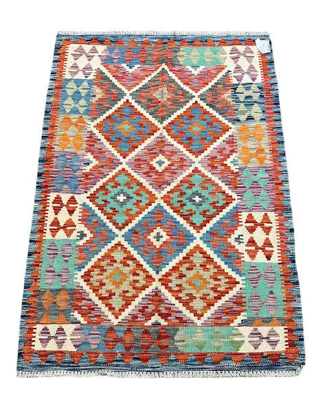 Hand-Knotted Vintage Wool Rug Turkish Kilim Multicolor Design 3'4 x 4'11 I Got Rugs