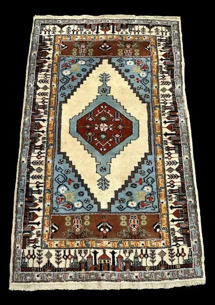 Hand-Knotted Vintage Wool Rug Turkish Light Blue Oushak Tribal Design 3'4 x 5'6 I Got Rugs