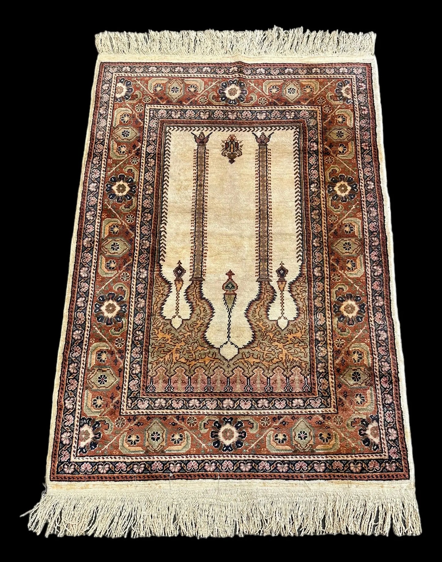 Hand-Knotted Vintage Wool Rug Unique Turkish Prayer Design Multicolor 3' x 4'9 I Got Rugs