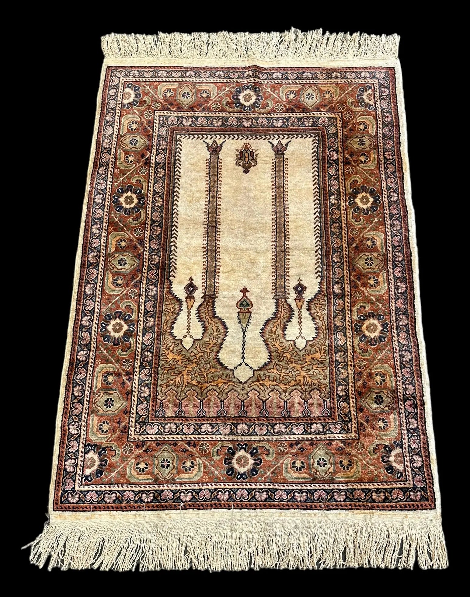 Hand-Knotted Vintage Wool Rug Unique Turkish Prayer Design Multicolor 3' x 4'9 I Got Rugs