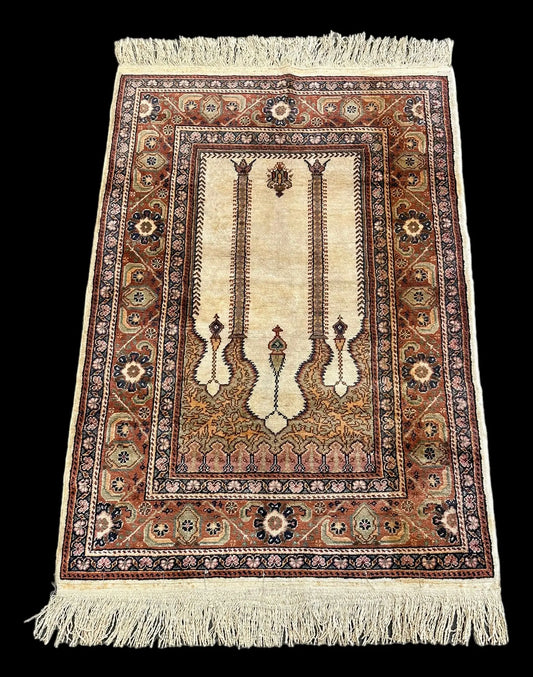 Hand-Knotted Vintage Wool Rug Unique Turkish Prayer Design Multicolor 3' x 4'9 I Got Rugs