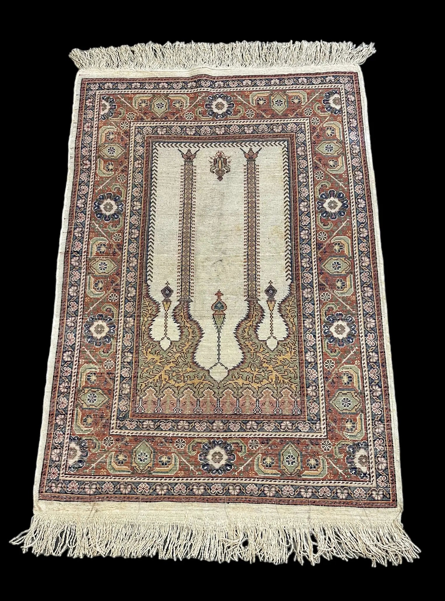 Hand-Knotted Vintage Wool Rug Unique Turkish Prayer Design Multicolor 3' x 4'9 I Got Rugs