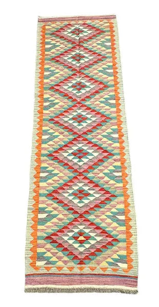 Hand-Knotted Vintage Wool Runner Rug Afghan Kilim Multicolor Diamond Design 2'6 x 8'5 I Got Rugs