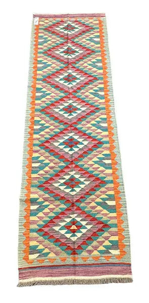 Hand-Knotted Vintage Wool Runner Rug Afghan Kilim Multicolor Diamond Design 2'6 x 8'5 I Got Rugs