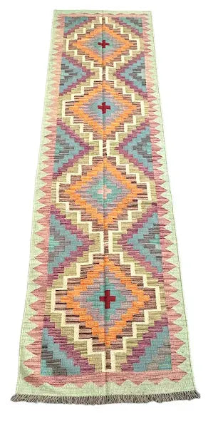 Hand-Knotted Vintage Wool Runner Rug Afghan Kilim Multicolor Diamond Design 2'8 x 9'7 I Got Rugs