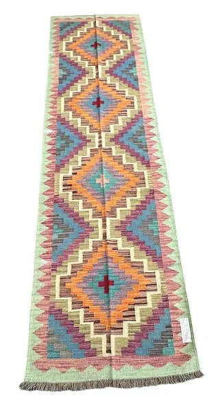 Hand-Knotted Vintage Wool Runner Rug Afghan Kilim Multicolor Diamond Design 2'8 x 9'7 I Got Rugs