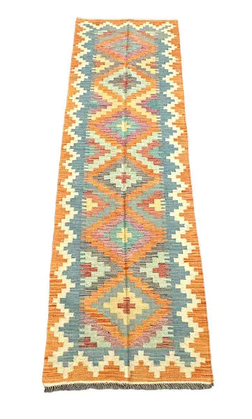 Hand-Knotted Vintage Wool Runner Rug Afghan Kilim Multicolor Geometric Design 2'6 x 8' I Got Rugs