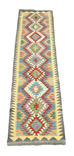 Hand-Knotted Vintage Wool Runner Rug Afghan Kilim Multicolor Geometric Design 2'8 x 9'6 I Got Rugs