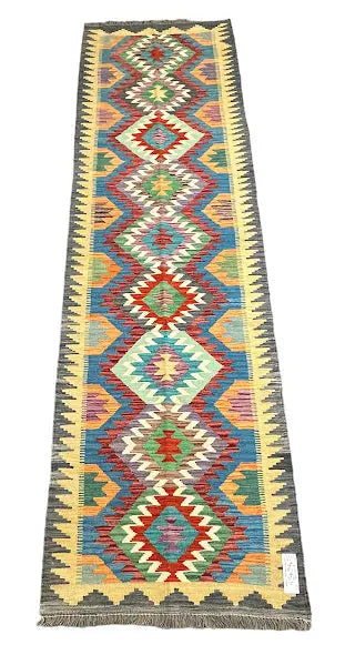 Hand-Knotted Vintage Wool Runner Rug Afghan Kilim Multicolor Geometric Design 2'8 x 9'6 I Got Rugs