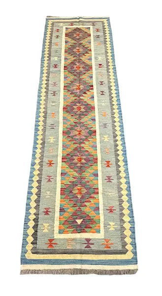 Hand-Knotted Vintage Wool Runner Rug Afghan Kilim Multicolor Geometric Design 2'8 x 9'7 I Got Rugs