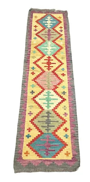 Hand-Knotted Vintage Wool Runner Rug Afghan Kilim Multicolor Geometric Design 2'9 x 9'9 I Got Rugs