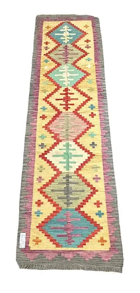 Hand-Knotted Vintage Wool Runner Rug Afghan Kilim Multicolor Geometric Design 2'9 x 9'9 I Got Rugs