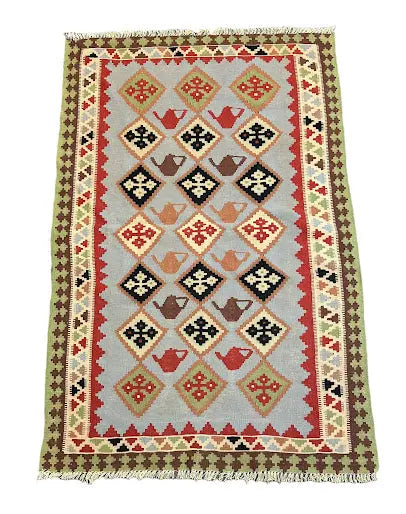 Hand-Knotted Vintage Wool Turkish Kilim Green Geometric Design 3'2 x 4'11 I Got Rugs
