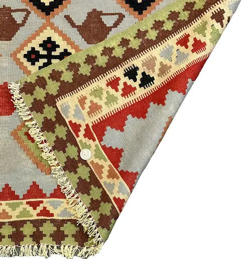 Hand-Knotted Vintage Wool Turkish Kilim Green Geometric Design 3'2 x 4'11 I Got Rugs