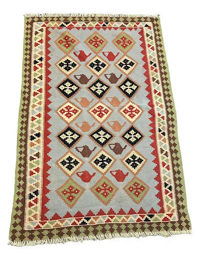 Hand-Knotted Vintage Wool Turkish Kilim Green Geometric Design 3'2 x 4'11 I Got Rugs