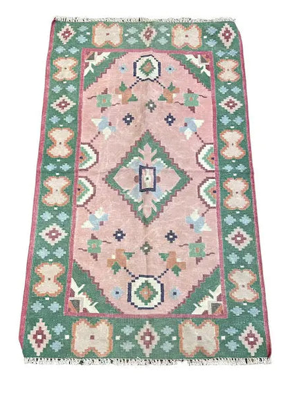 Hand-Knotted Vintage Wool Turkish Kilim Rug Pink Geometric Design 2'11 x 4'11 I Got Rugs