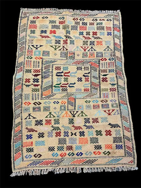 Hand-Woven Vintage Wool Rug Colorful Moroccan Berber Tribal Design 3' x 4'5 I Got Rugs
