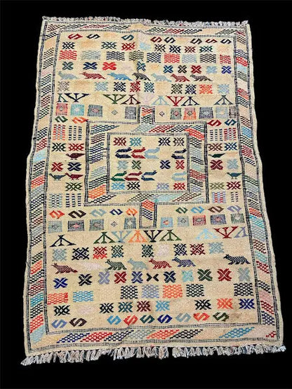 Hand-Woven Vintage Wool Rug Colorful Moroccan Berber Tribal Design 3' x 4'5 I Got Rugs