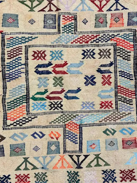 Hand-Woven Vintage Wool Rug Colorful Moroccan Berber Tribal Design 3' x 4'5 I Got Rugs