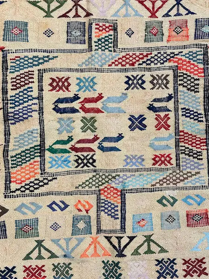 Hand-Woven Vintage Wool Rug Colorful Moroccan Berber Tribal Design 3' x 4'5 I Got Rugs