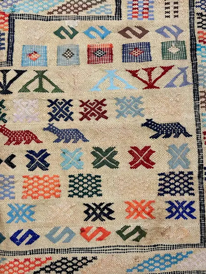 Hand-Woven Vintage Wool Rug Colorful Moroccan Berber Tribal Design 3' x 4'5 I Got Rugs