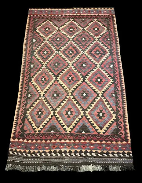 Hand-Woven Vintage Wool Rug Turkish Kilim Diamond Flatweave Design 5'2 x 8'7 I Got Rugs