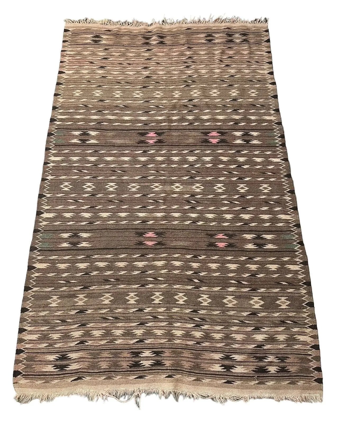 Handmade Vintage 100% Wool Rug Turkish Kilim Geometric Design Beige 3'10 x 6'5 I Got Rugs