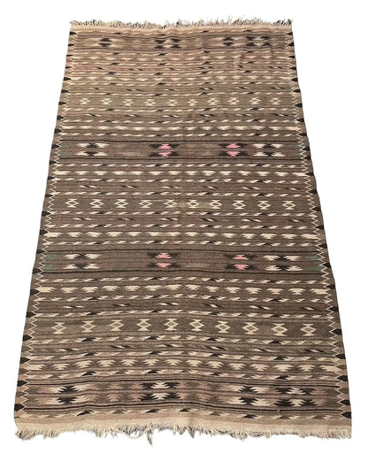 Handmade Vintage 100% Wool Rug Turkish Kilim Geometric Design Beige 3'10 x 6'5 I Got Rugs