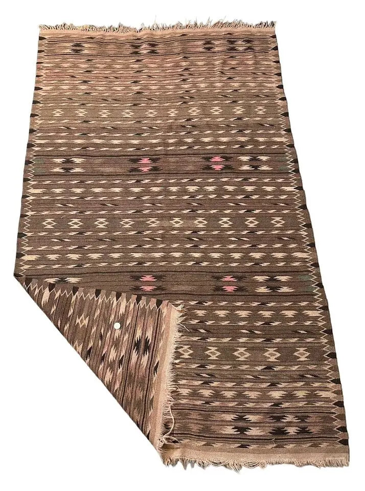 Handmade Vintage 100% Wool Rug Turkish Kilim Geometric Design Beige 3'10 x 6'5 I Got Rugs