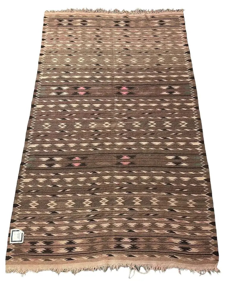 Handmade Vintage 100% Wool Rug Turkish Kilim Geometric Design Beige 3'10 x 6'5 I Got Rugs
