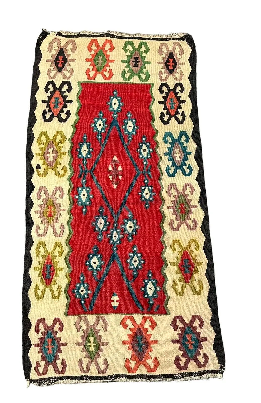 Handmade Vintage Rug 100% Wool Turkish Kilim Geometric Multicolor 2'3 x 4'7 I Got Rugs