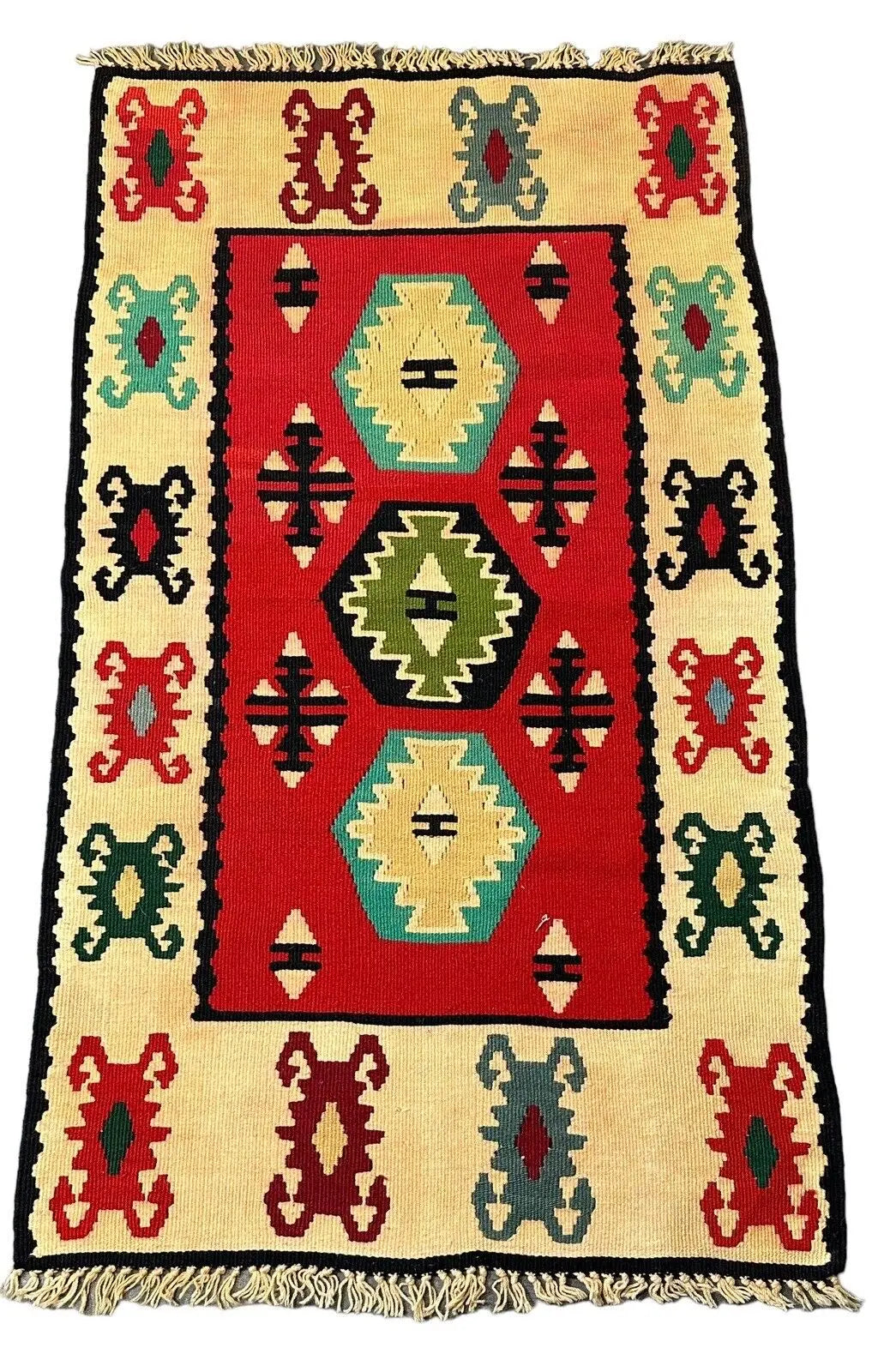 Handmade Vintage Rug 100% Wool Turkish Kilim Geometric Multicolor 2'4 x 4'1 I Got Rugs
